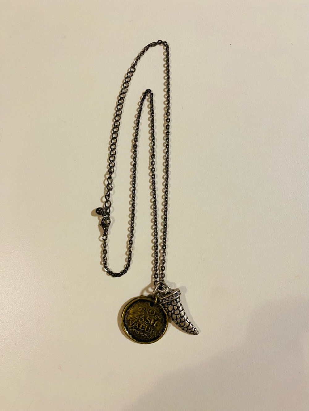 Horseshoe Coin and Horn Pendant Necklace - Antiqued Silver and Brass Tones 10”